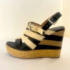 Masiero Espadrille Gladiator Sandals Black Beige Strappy Wedge Heels Sz 7